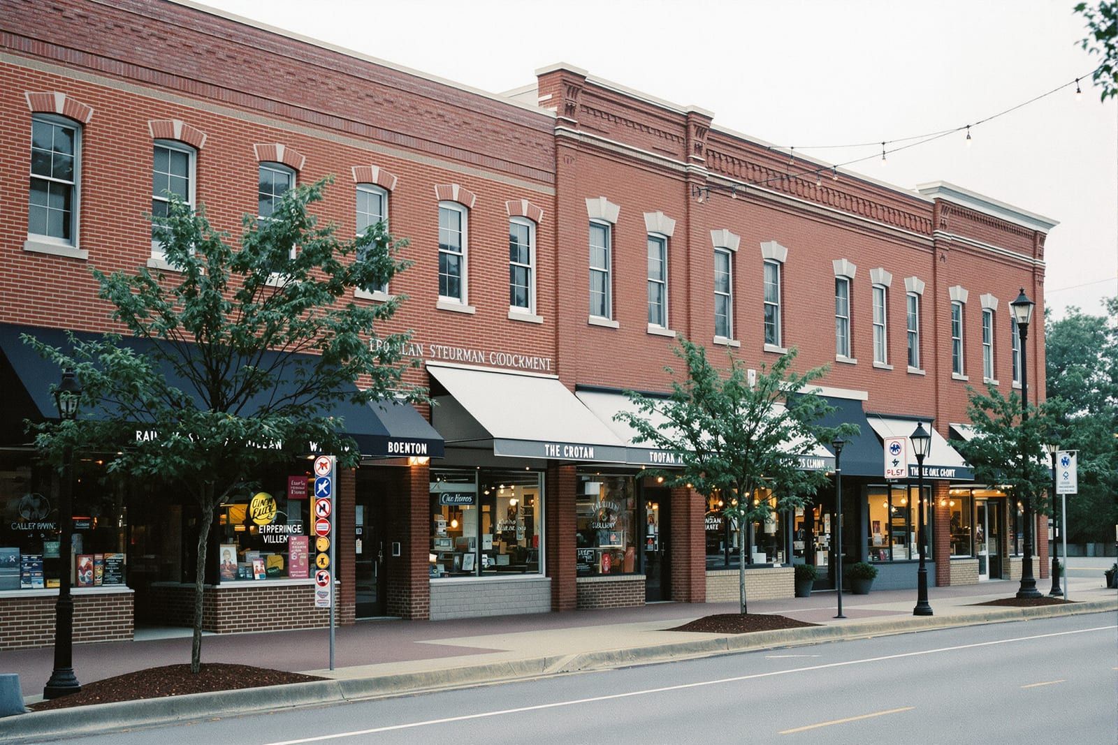 A revitalized main street of red brick storefronts with awnings, early morning