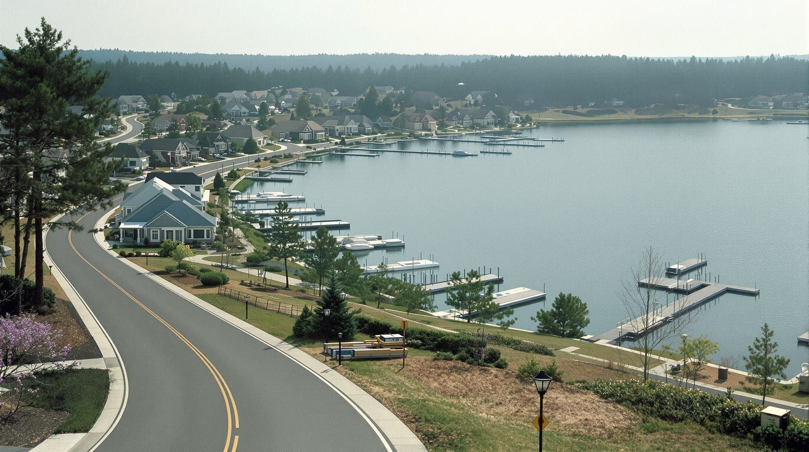 A new neighborhood of craftsman houses along a road beside a lake with docks