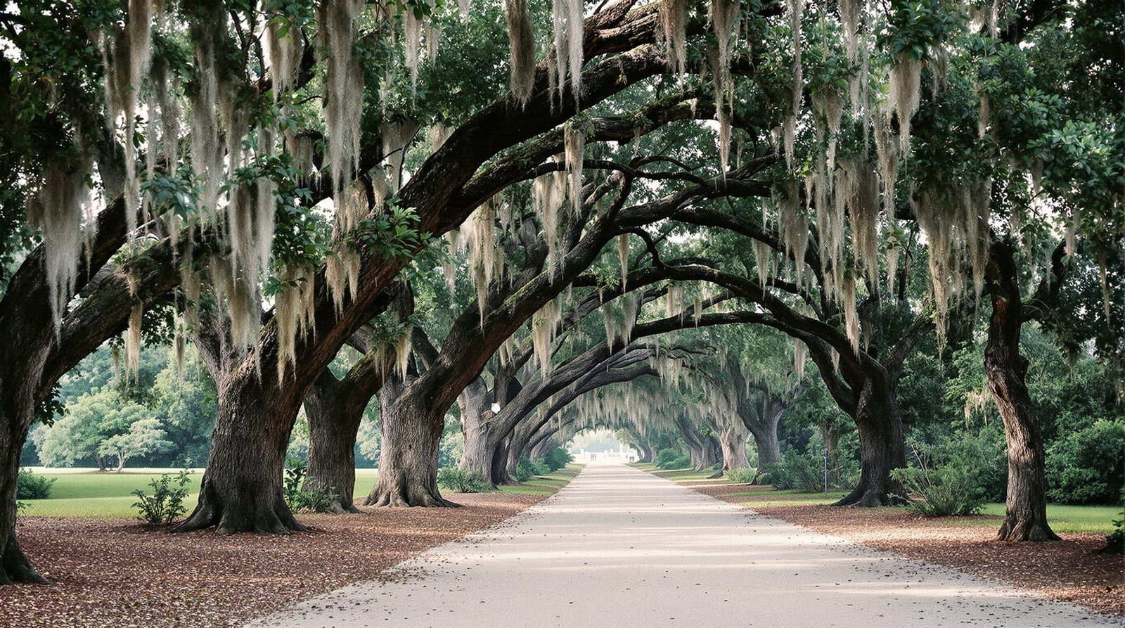 A sandy lane under an arch of live oaks draped in Spanish moss