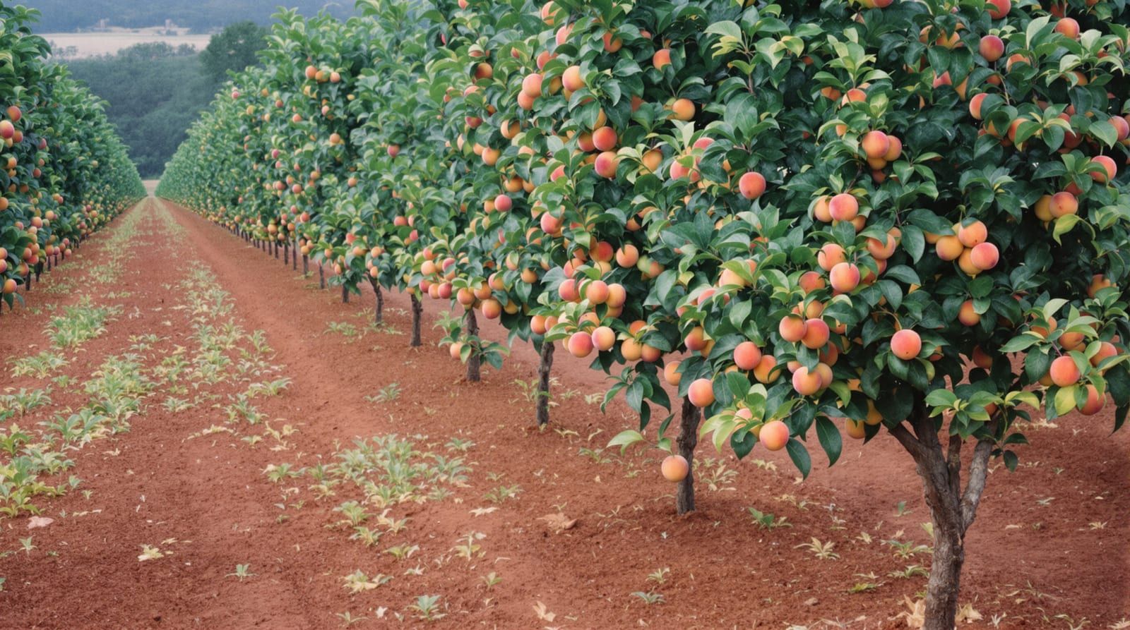 Rows of peach trees with ripe fruit over red clay soil