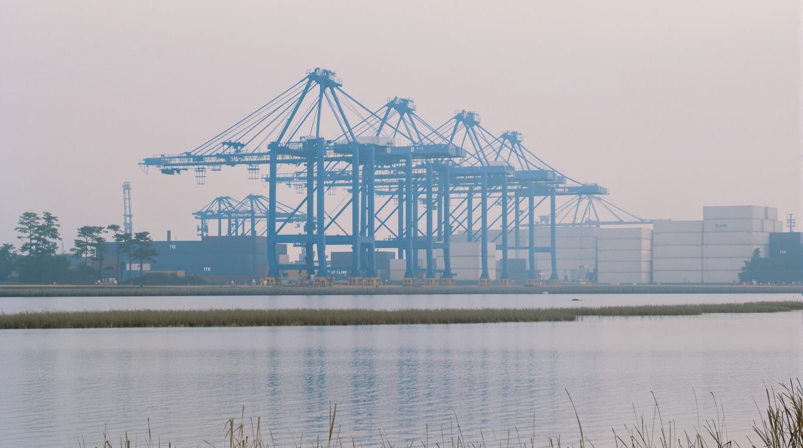 Container cranes at a river port terminal at dawn, seen across the water