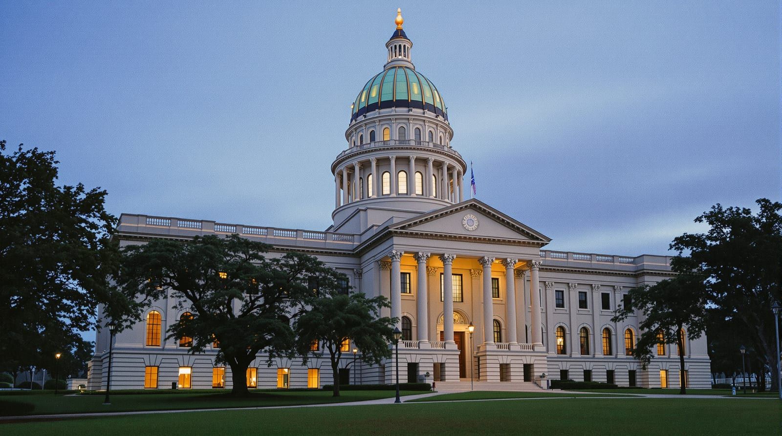 A domed granite capitol building at dusk with live oaks on the lawn