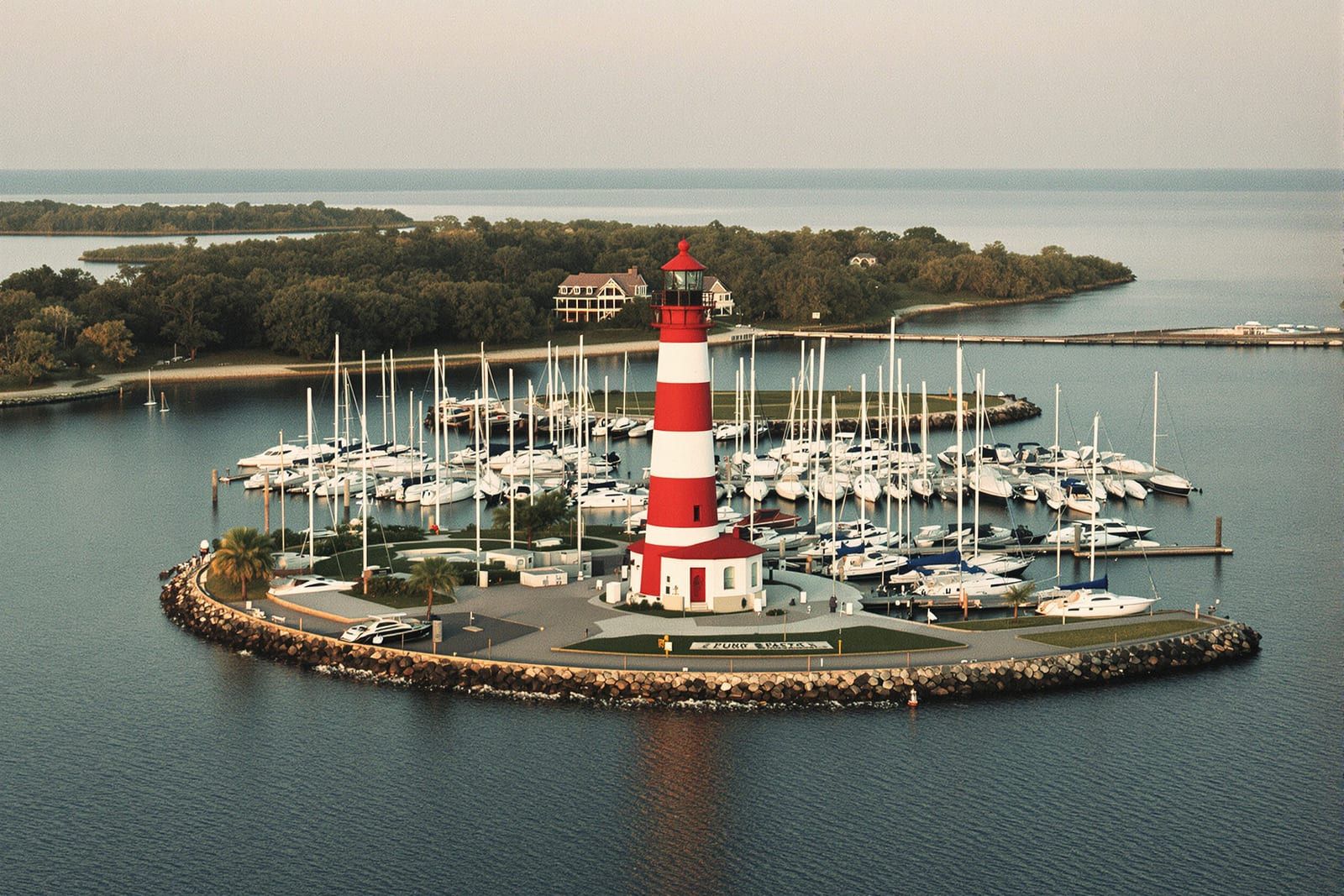 A red and white striped lighthouse beside a round marina full of sailboats