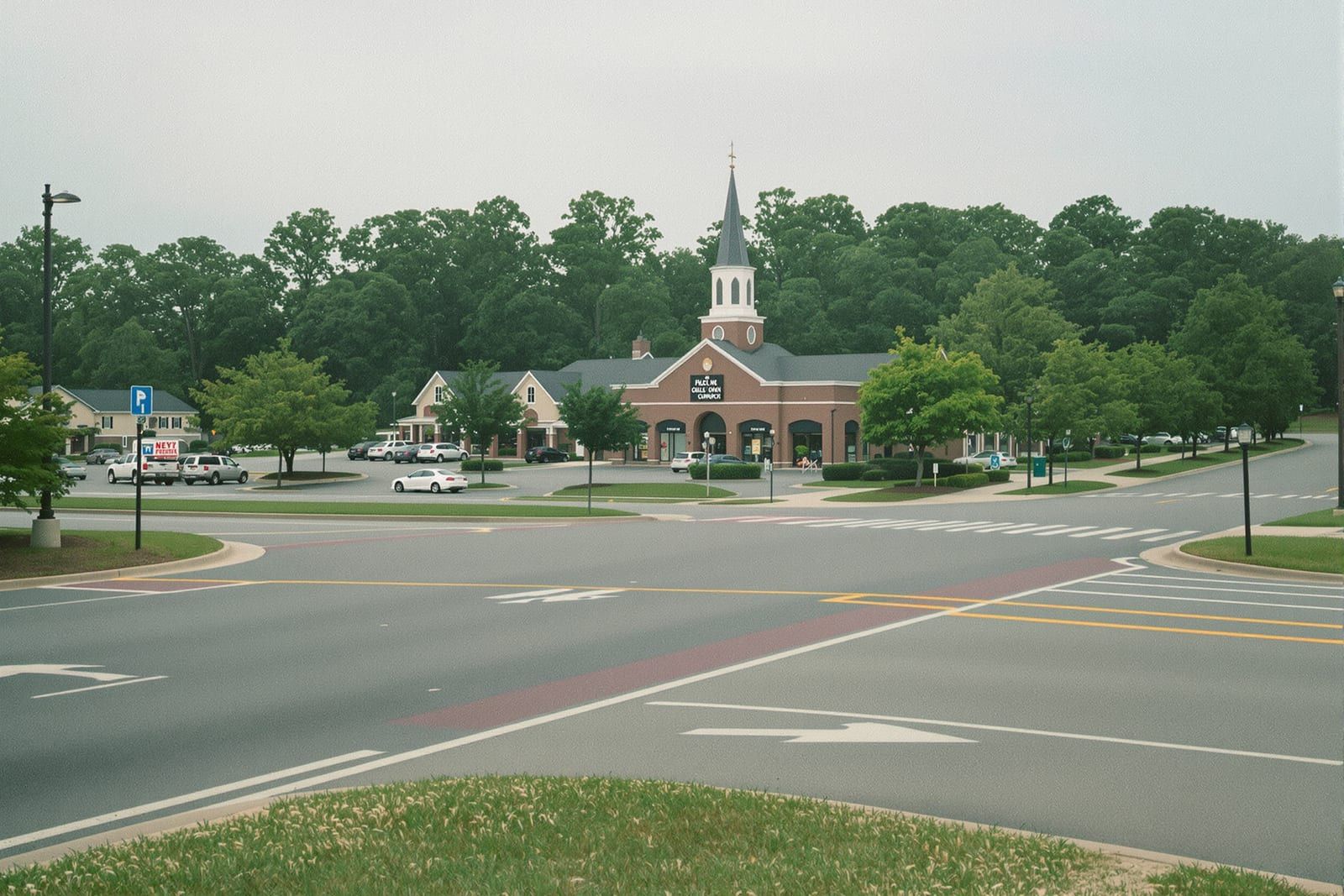 A suburban crossroads with a brick shopping center and a church steeple